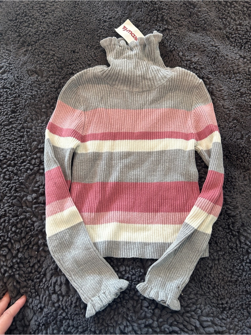 Tommy Bahama Striped Ruffle Turtleneck Sweater - Pink, Gray, Cream